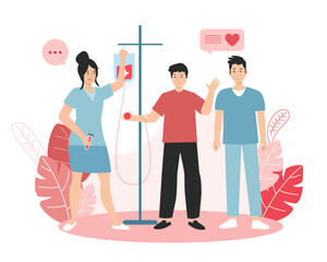 Young man standing near doctors, donating blood in hospital. Social active youth. Volunteering organization members. Lifesaving impact of blood. Vector flat illustration in red and blue colors