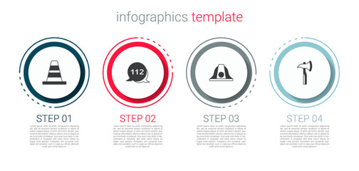 Set Traffic cone, Emergency call, Firefighter helmet and axe. Business infographic template. Vector