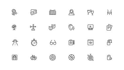 Big set of 24 Lifestyle and Entertainment icons. Thin line icons collection. Vector illustration, Pixel Perfect icons, Simple vector illustration