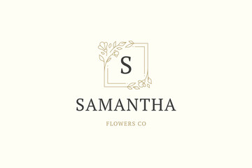 Flowers delivery service boutique shop store minimalist line logo design template vector