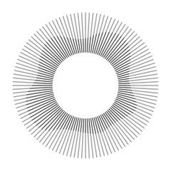 Circular frame. Round shape. Radial concentric lines. Gray ring of short thin rays with wavy silhouette isolated white background. Design element. Sound wave. Sun ray. Vector illustration. - 620069130