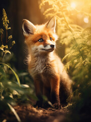 Cute baby fox in the summer forest