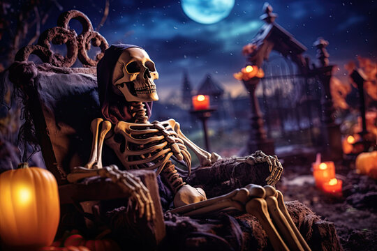 halloween skeleton in a cemetery watching the gate at night from a chair