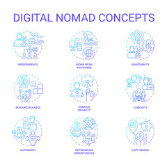 Digital nomad blue gradient concept icons set. Professional freelancer. Laptop lifestyle. Generation z. Remote work. Make money online idea thin line color illustrations. Isolated symbols