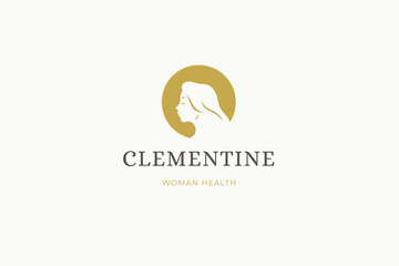 Woman long hair silhouette golden circle frame minimal logo design template for beauty care vector