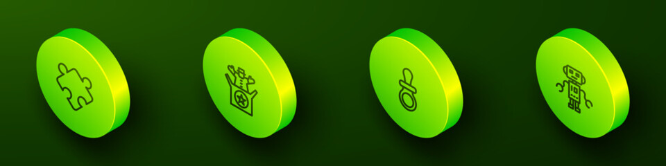 Set Isometric line Puzzle pieces toy, Jack in the box, Baby dummy pacifier and Robot icon. Vector