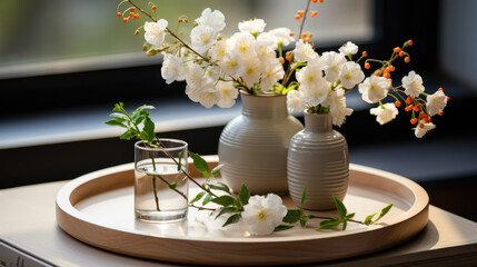 Naklejka na ściany i meble Generative ai illustration of wood table counter podium, gray vase, white bouquet flower