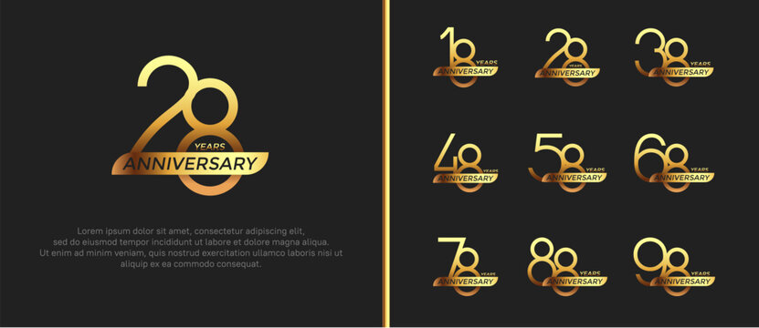 set of anniversary logo gold color and ribbon on black background for celebration moment