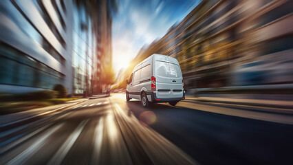 Fototapeta na wymiar fast vans driving in the big, modern city. Delivery concept.