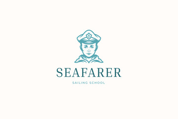 Sailing school sailor portrait monochrome blue sketch logo design template vector illustration
