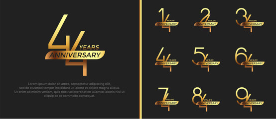 set of anniversary logo gold color and ribbon on black background for celebration moment