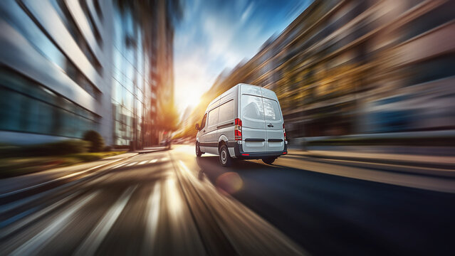 fast vans driving in the big, modern city. Delivery concept.