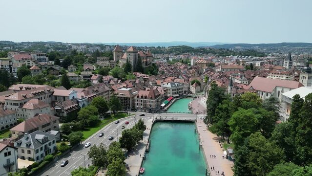 Annecy city France reverse reveal shot of old town drone , aerial,  4K footage