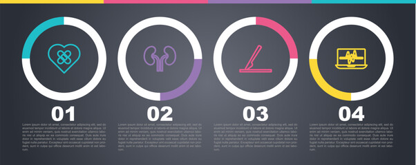 Set line Healed broken heart, Human kidneys, Medical surgery scalpel and Laptop with cardiogram. Business infographic template. Vector