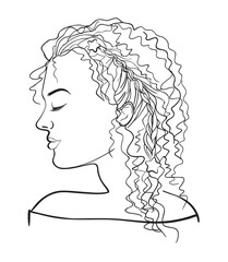 Black and white Profile of a girl with wavy hair gathered in a braid and closed eyes for design for girls and teenagers in vector