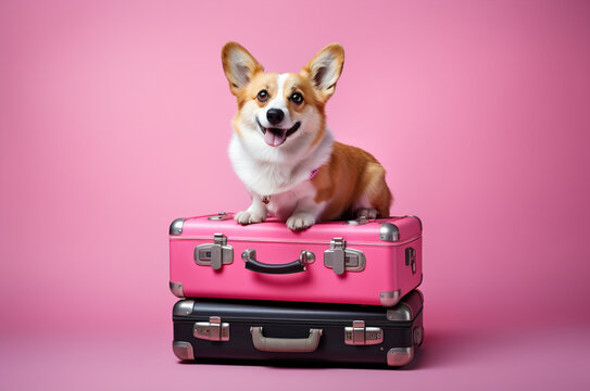 Glamorous Corgi Dog sits on suitcases and prepares to travel on a pink background. Generative AI