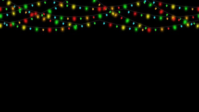 Isolate background seamless loop beautiful christmas string light bulb string with flashing lights on black background. 4k 3d xmas light rendering party, Christmas, new year and celebrate animation