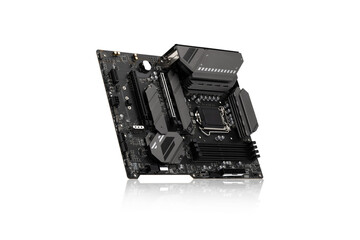 PC motherboard on a white background. Motherboard for personal computer closeup isolated on white background.