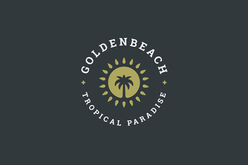 Tropical paradise beach palm tree island with bright sun travel service logo design template vector