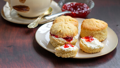 Traditional british scones with clotted cream and strawberry jam for tea time