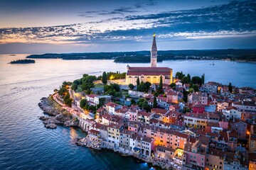 Aerial drone shot of a beautiful croatian city Rovinj right after the sunset.