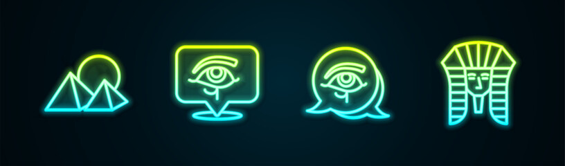 Set line Egypt pyramids, Eye of Horus, and Egyptian pharaoh. Glowing neon icon. Vector