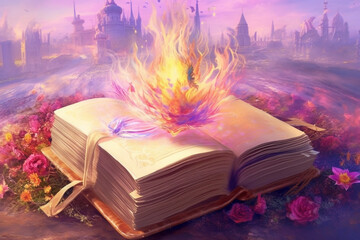 World book day, fantasy, and leisure concept. 3D style Illustration of magical book with fantasy stories inside it colored with pastel colors. Generative AI