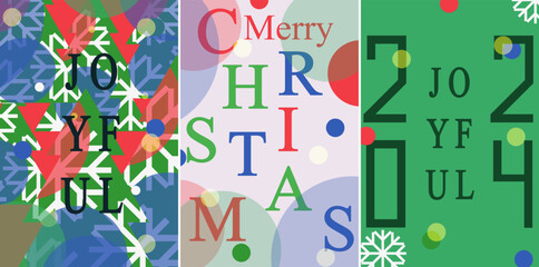 Set of Christmas Card Cover in trendy style. Xmas 2024 poster with Christmas tree and snowflakes. New Year banner in minimalist style for website. Vector Art. 