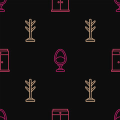 Set line Wardrobe, Coat stand and Armchair on seamless pattern. Vector