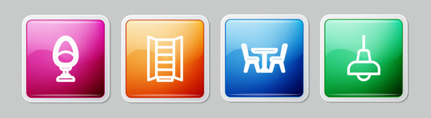 Set line Armchair, Wardrobe, Table with and Lamp hanging. Colorful square button. Vector