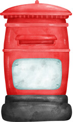 Vintage Red Postal Mailbox, Whimsical Watercolour Illustration