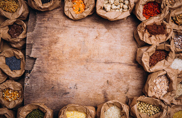 Spices background. Food. Spices. Ingredients. Photo. Background. Wooden table. 
