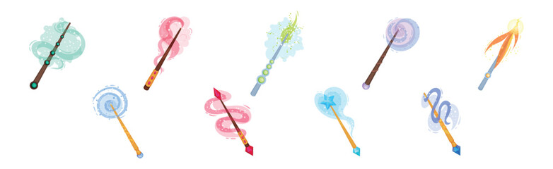 Magic Wands with Fairy Dust and Glow Swirling Around Vector Set