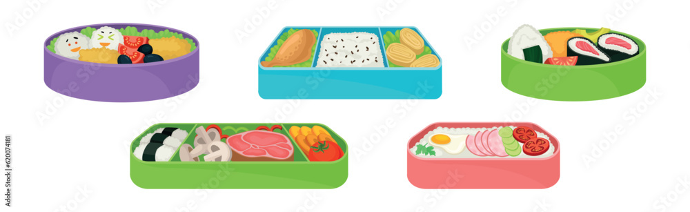 Sticker japanese bento colorful food box as ready meal vector set