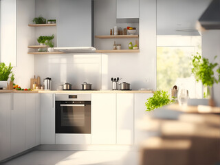 Modern, bright kitchen comfortably furnished, ai generated