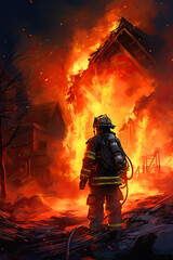 A firefighter against the background of a burning building, ai generative