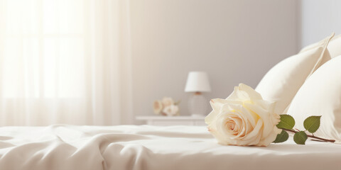 Fototapeta na wymiar Rose flower on bed, modern minimal bedroom, light and cozy. Generative AI