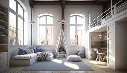 cool children's room in a loft apartment in white
