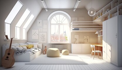 cool children's room in a loft apartment in white