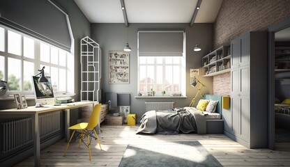 cool children's room in a loft apartment in gray color