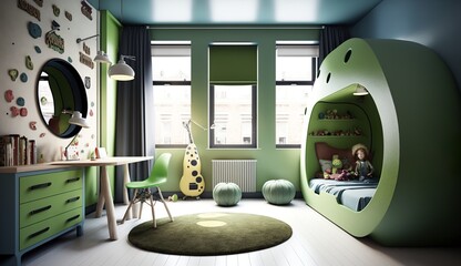 cool children's room in a loft apartment in green