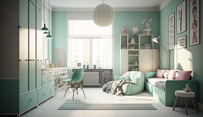 cool children's room in a loft apartment in mint color