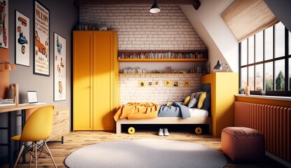 cool children's room in a loft apartment in ocher color