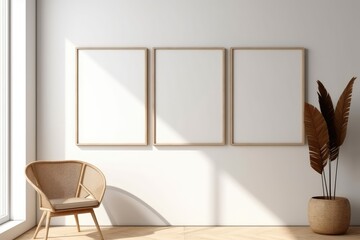 Fototapeta na wymiar three empty wooden picture frames in a minimalistic room - created using generative Ai tools