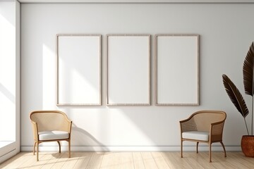 three empty wooden picture frames in a minimalistic room - created using generative Ai tools