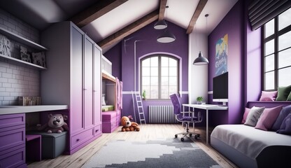 Fototapeta na wymiar cool children's room in a loft apartment in purple color