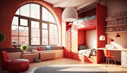 cool children's room in a loft apartment in red