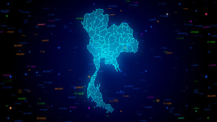 Futuristic Blue Colorful Shiny Digital Technology Hud Dots Mosaic Grid Thailand Map Separate Regions Light Scanning With Numeric Tech Particles