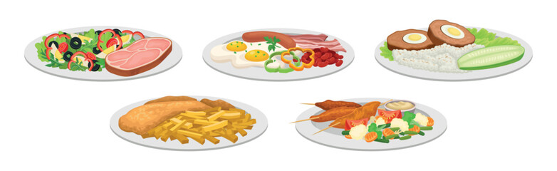 Different Food and Tasty Dish Served on Plate Vector Set
