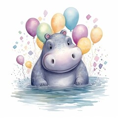 Cute hippo baby african jungle safari animal, watercolor illustration - obrazy, fototapety, plakaty